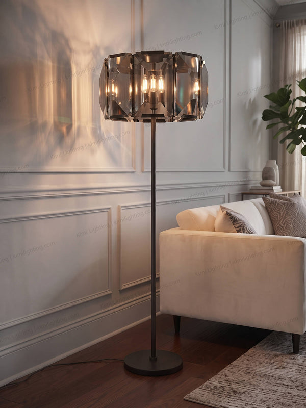 Black crystal floor lamp creates modern living room ambiance