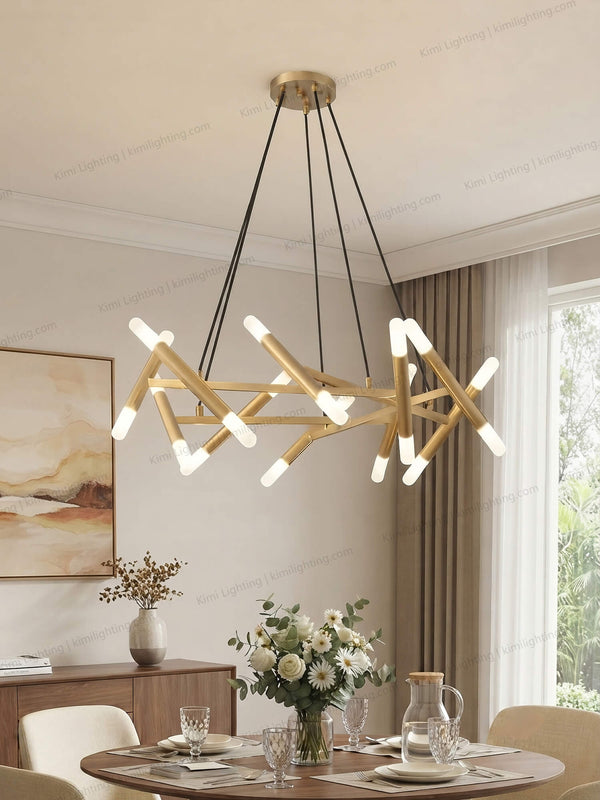 Brass chandelier enhances modern dining table ambiance