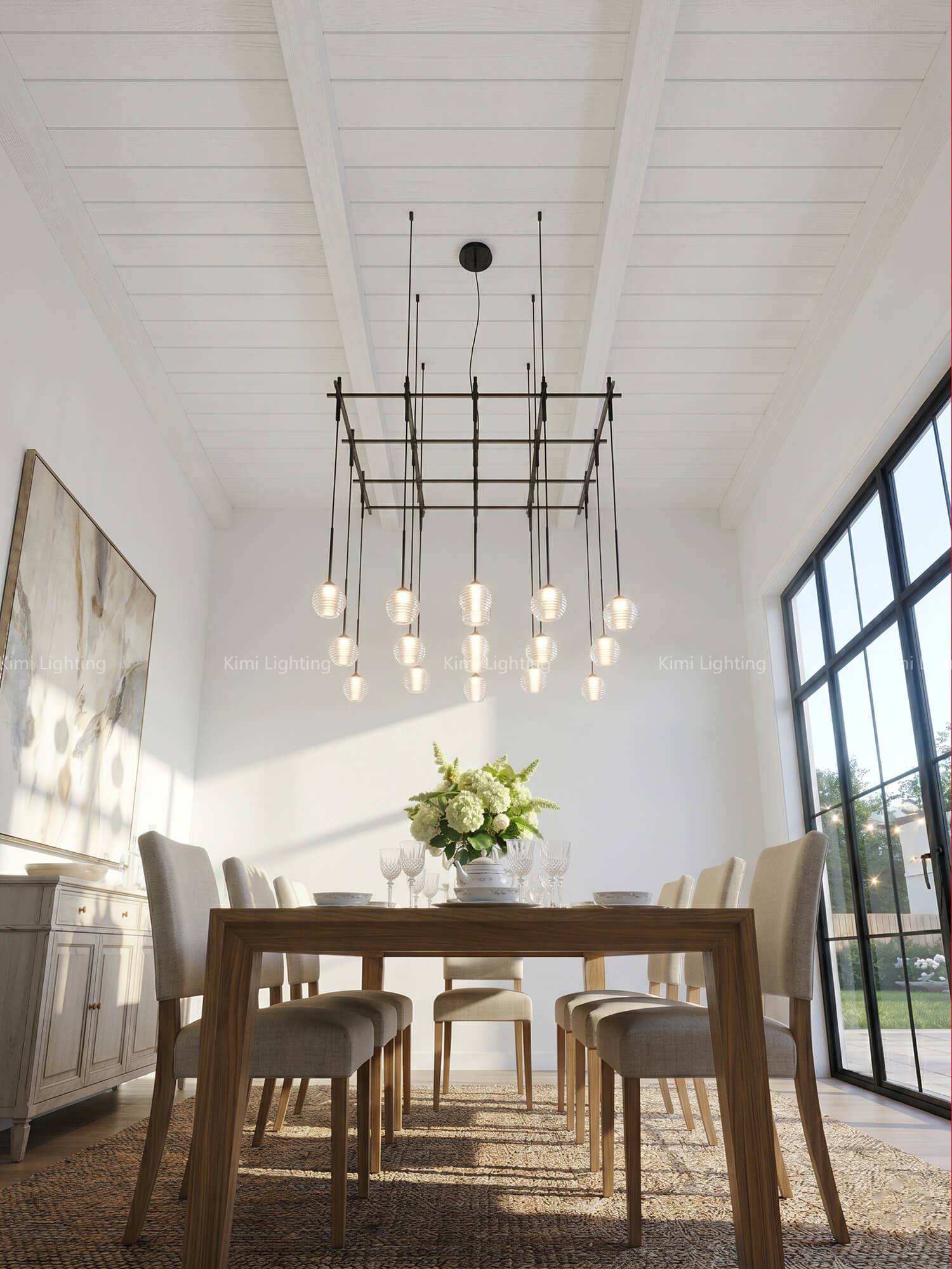 Crystal pendant chandelier above a dining table