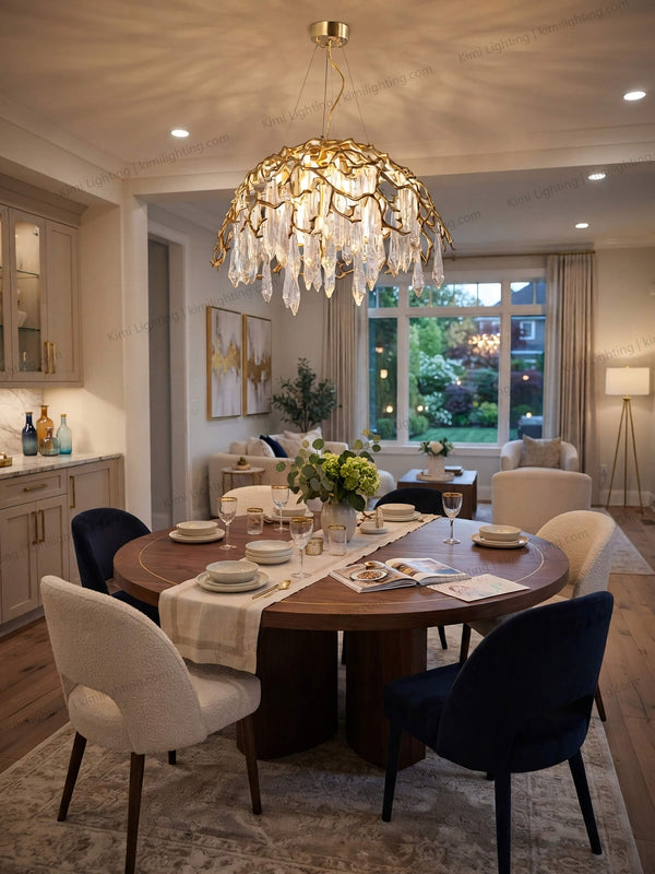 Modern gold crystal chandelier enhances luxury dining room atmosphere
