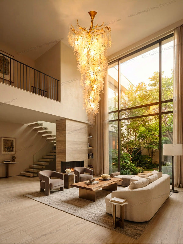 Gold glass luxury chandelier enhances high ceiling living room