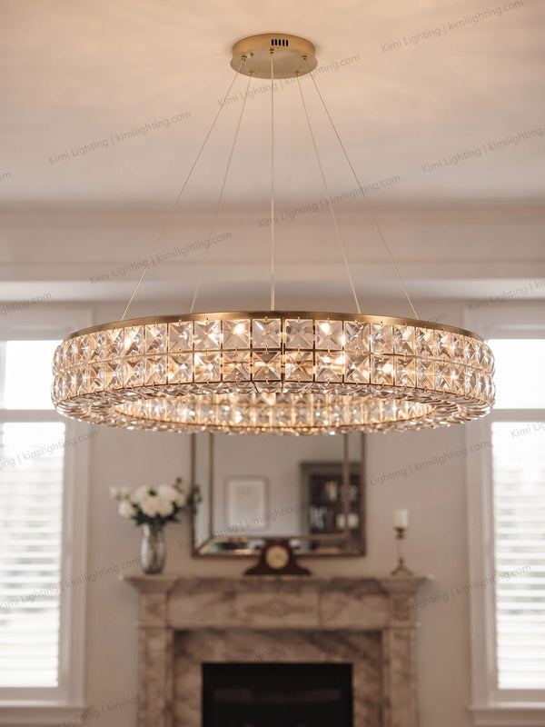 Luxury chandelier decorates high ceiling living room