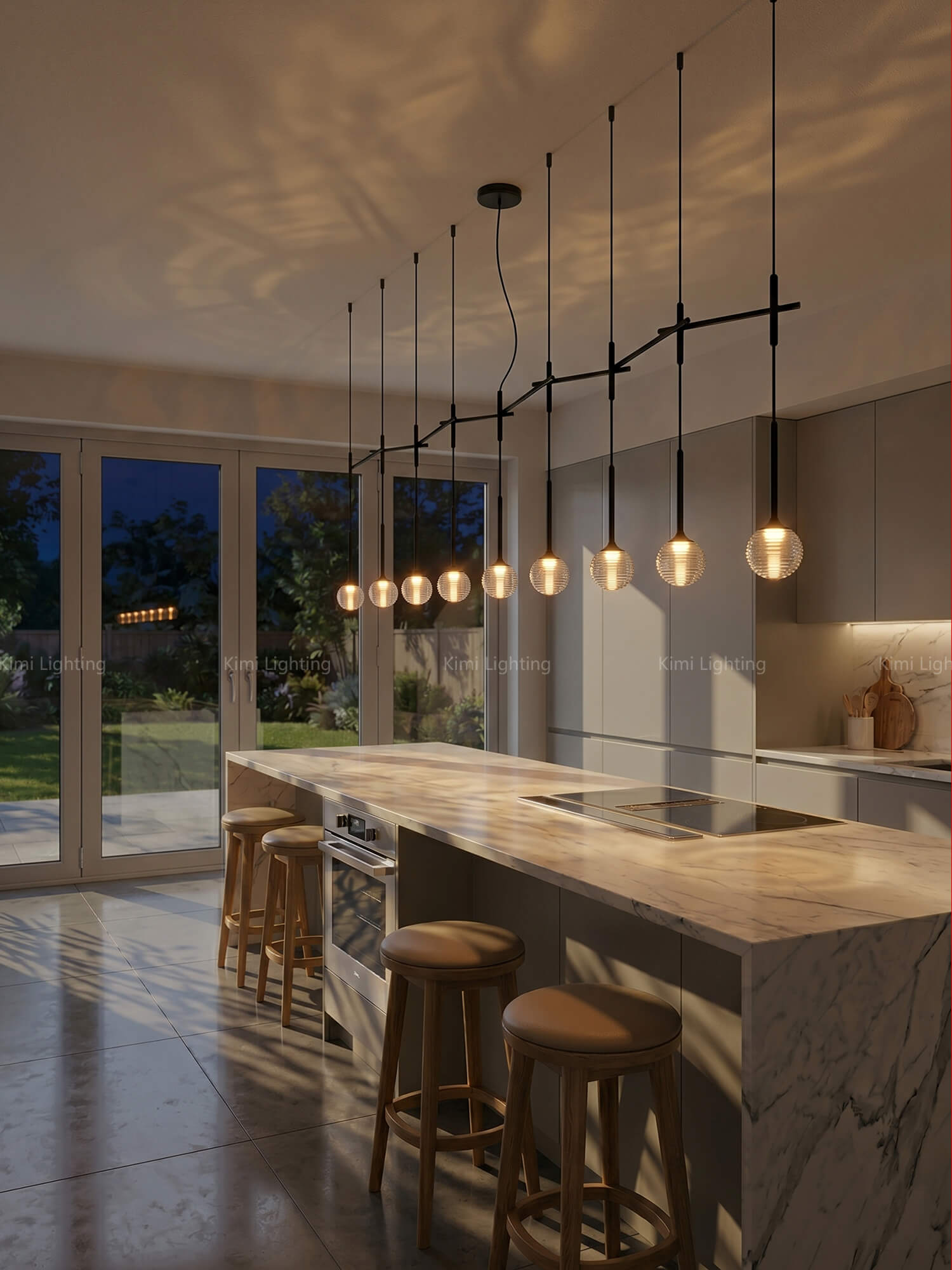 Linear pendant lighting over a kitchen island