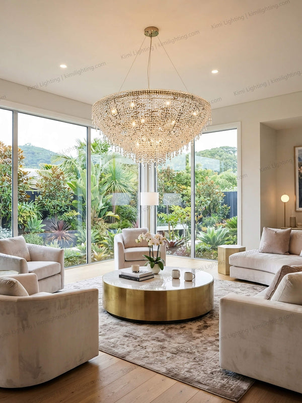 Luxury crystal tassel chandelier adds elegant lighting to a modern living room.
