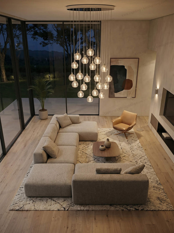 Cherry crystal chandelier adds elegant decorative lighting to a living room.