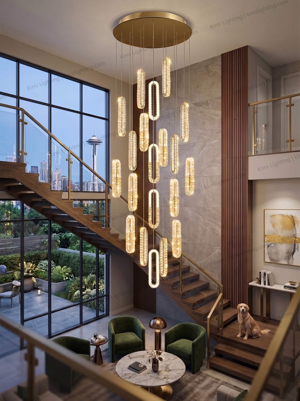 Crystal chandelier creates elegant decorative lighting in a living room.