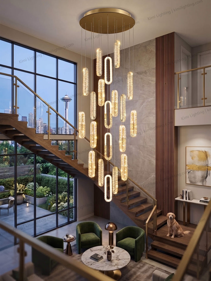 Crystal chandelier creates elegant decorative lighting in a living room.