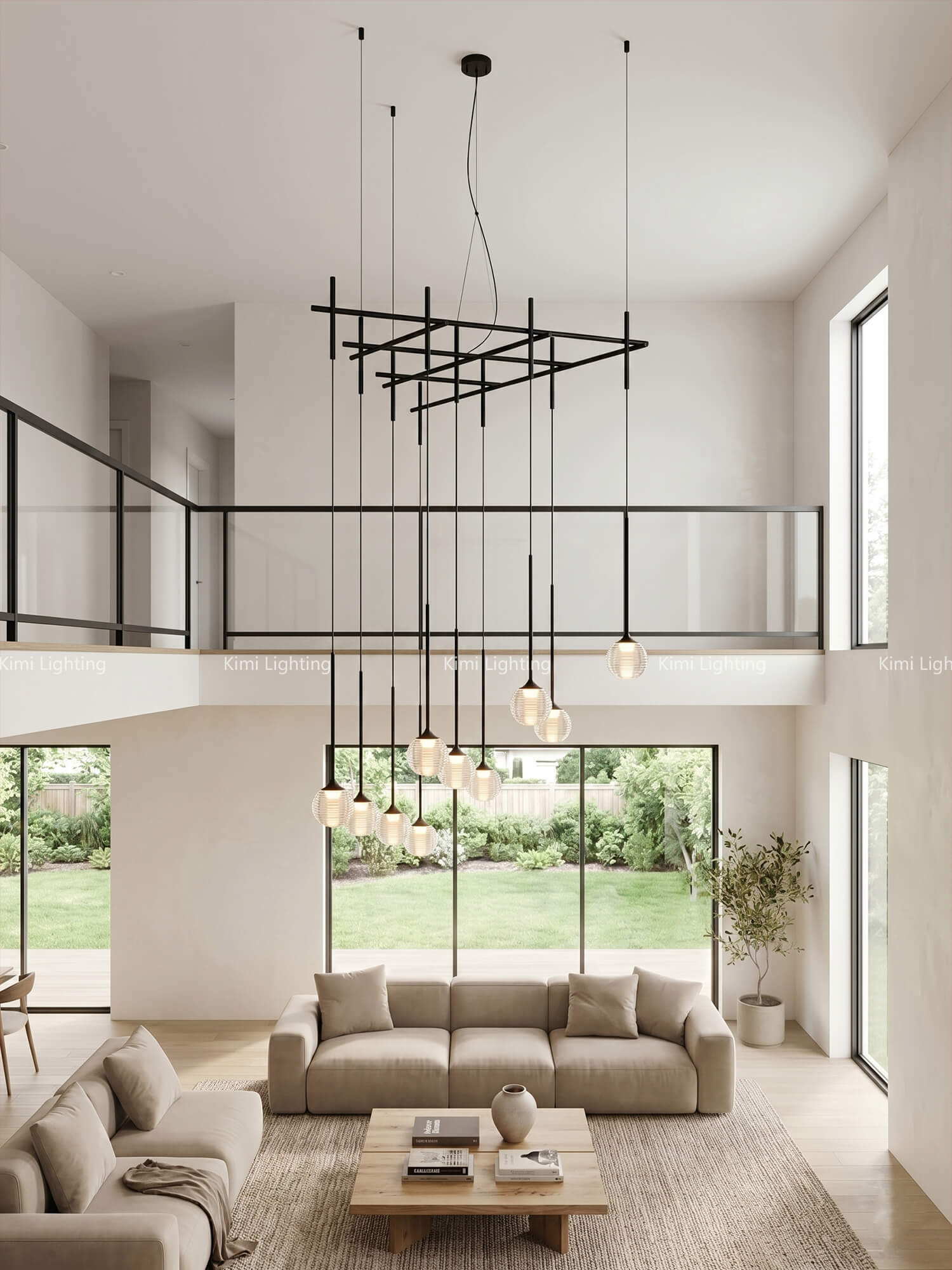 Crystal pendant lighting in a high-ceiling living room