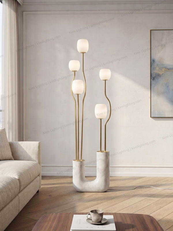 Modern glass globe floor lamp decorates living room space