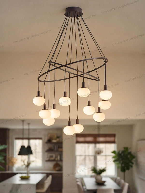 Milky white glass ball pendant decorates modern living room with soft home lighting