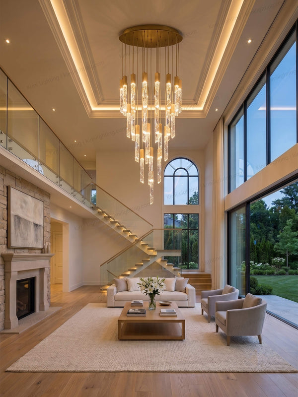 Crystal prism chandelier enhances elegant living room lighting appeal.