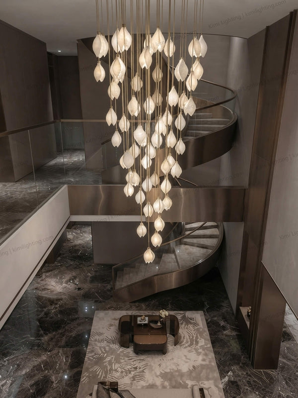 Glass chandelier modern living room high ceiling ambient lighting