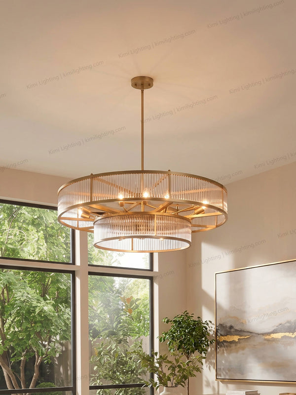 Modern glass chandelier creates elegant living room ambient lighting.
