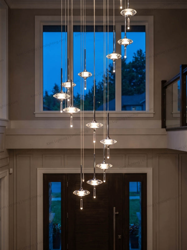 Crystal chandelier delivers stylish decorative entryway lighting.