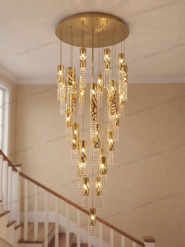 gold crystal chandelier blends naturally into a realistic american staircase interior