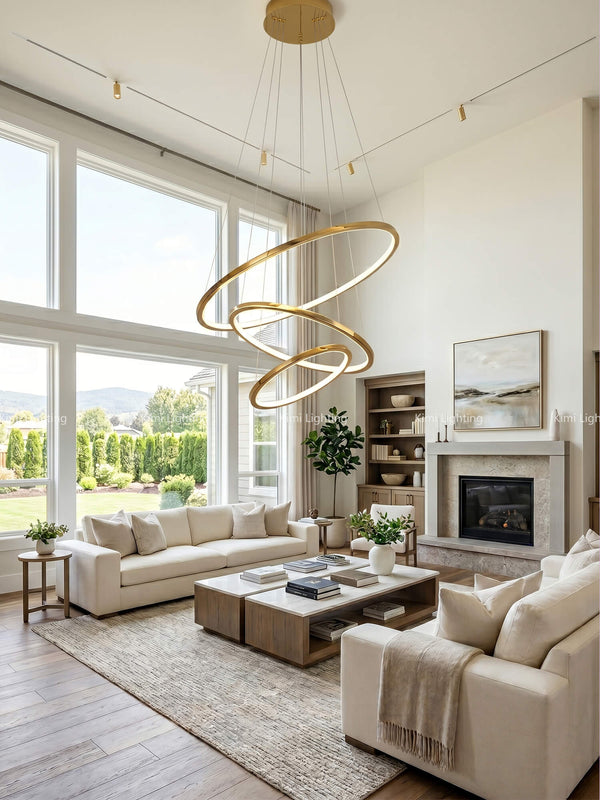 LED ring chandelier in a minimalist living room with elegant and calm contemporary style.