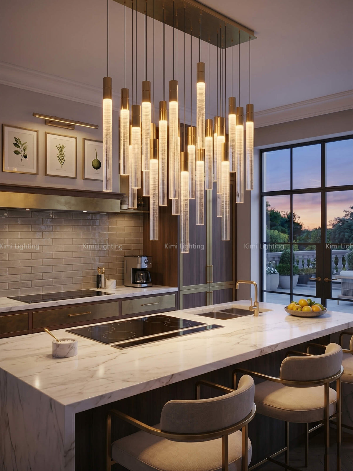 Linear pendant lighting over a kitchen island