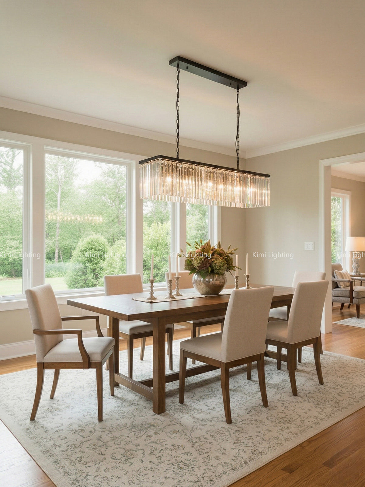 Crystal pendant chandelier above a dining table