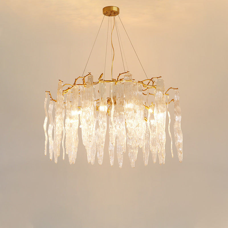 Clear Fluted Glass Panel Brass Twig Chandelier