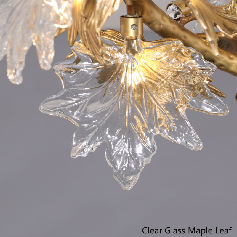 Brass Spiral Branches Chandelier Glass Maple Leaf