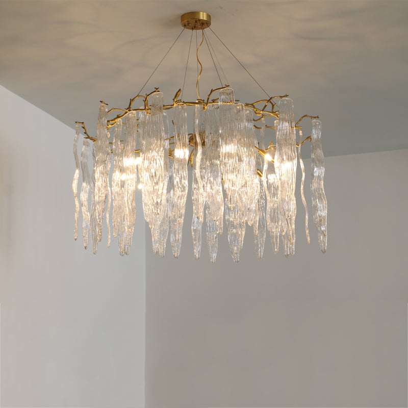Clear Fluted Glass Panel Pendant  Brass Twig Chandelier