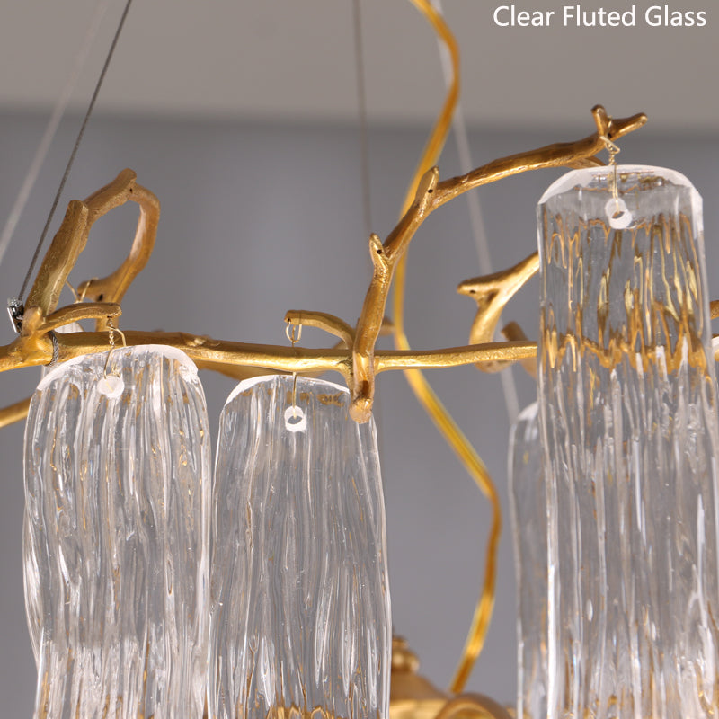 Clear Fluted Glass Panel Pendant  Brass Twig Chandelier