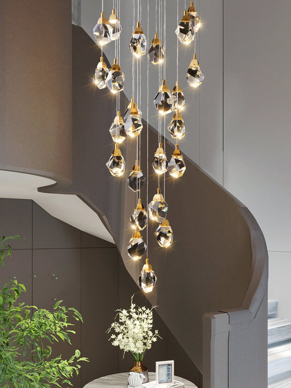 Multi-Faceted Cut Raindrop Crystal Staircase Pendant Light