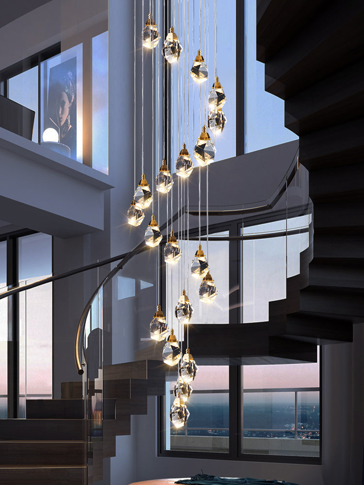 Multi-Faceted Cut Raindrop Crystal Staircase Pendant Light
