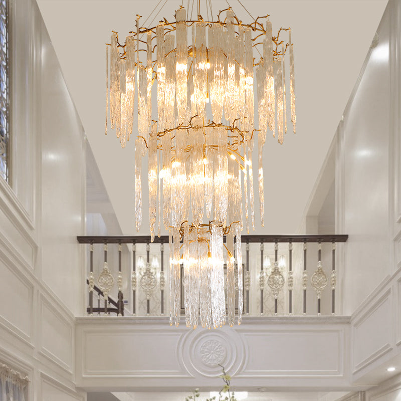 Three-tier-Textured-Glass-Panels-Hanging-Brass-Chandelier