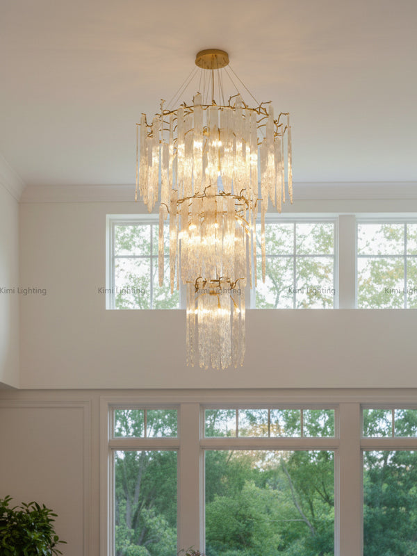 Three-tier-Textured-Glass-Panels-Hanging-Brass-Chandelier