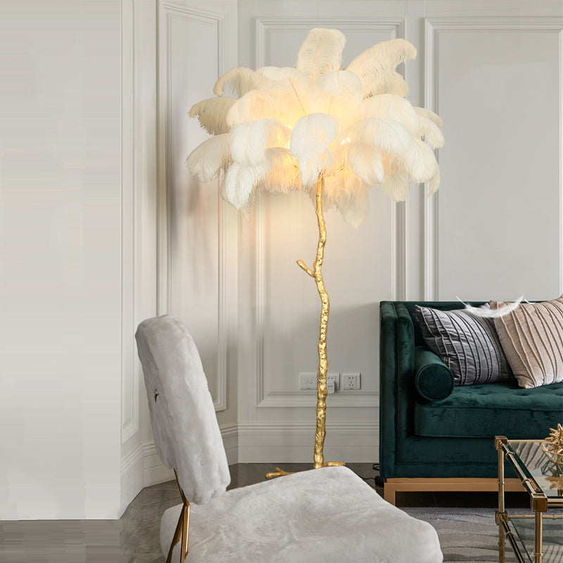 White Nordic Ostrich Feather Floor Lamp Brass Lighting