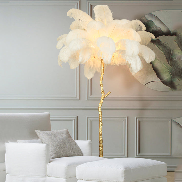 White Nordic Ostrich Feather Floor Lamp Brass Lighting